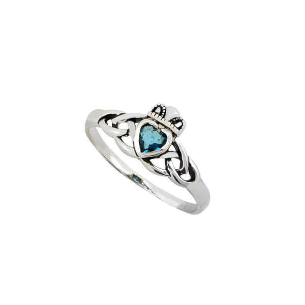 Sterling Silver Claddagh Ring Blue Topaz CZ Stone Irish Celtic