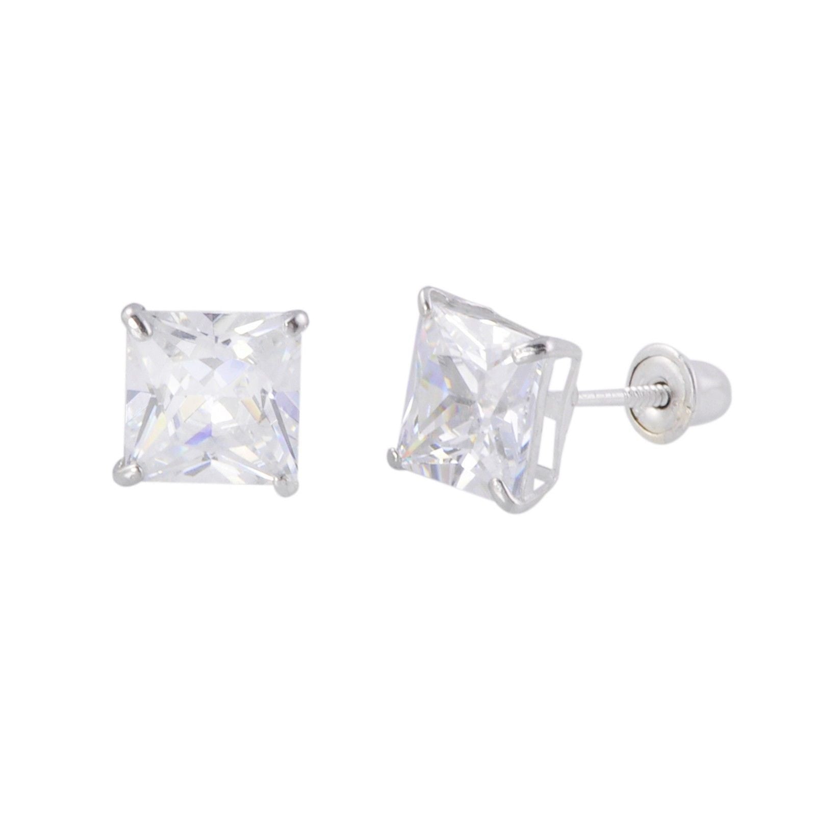 14k White Gold Solitaire Round Cubic Zirconia Stud Earrings in Secure  Screw-backs