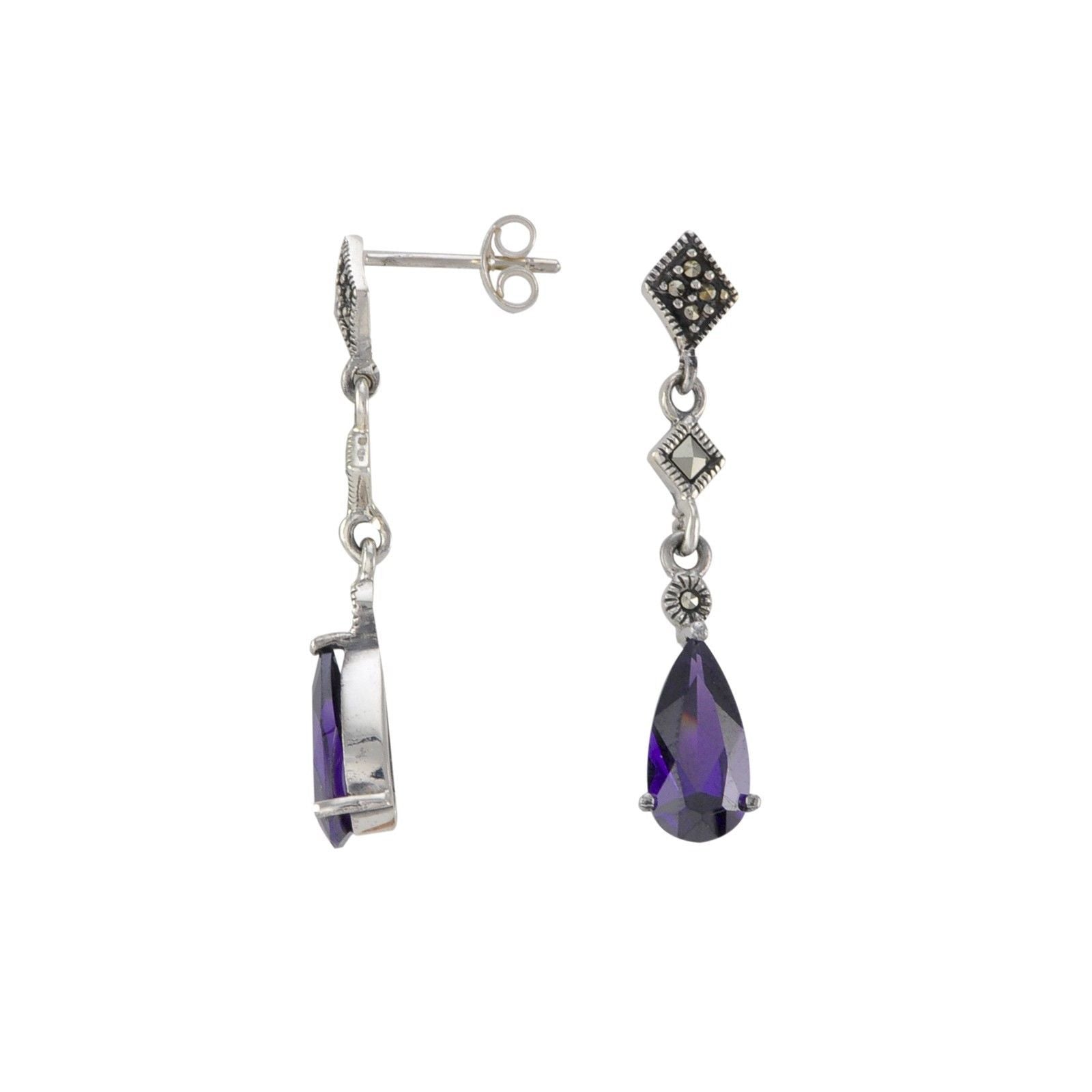 Sterling Silver Dangle Marcasite Earrings Amethyst CZ Cubic