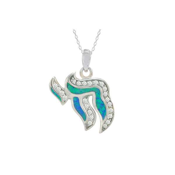 Opal Jewish Letter Chai Necklace 925 Sterling Silver 18 Inch Chain - Jewelryland.com