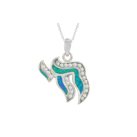 Opal Jewish Letter Chai Necklace 925 Sterling Silver 18 Inch Chain - Jewelryland.com