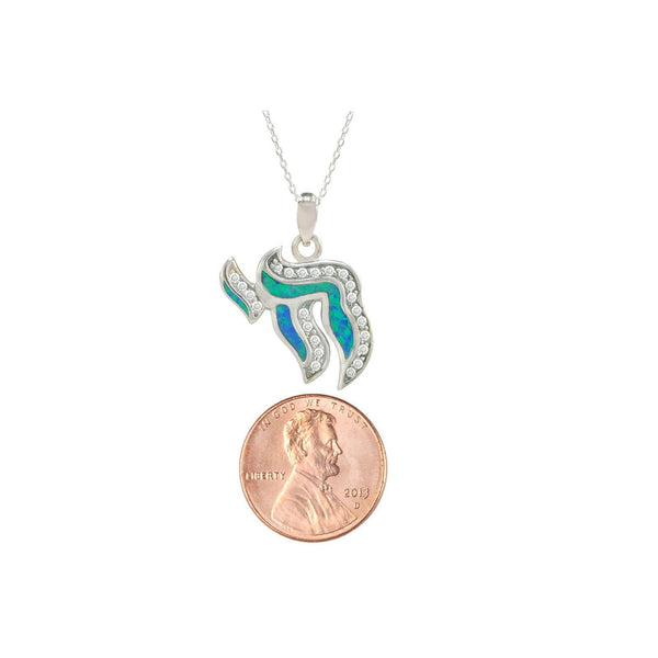 Opal Jewish Letter Chai Necklace 925 Sterling Silver 18 Inch Chain - Jewelryland.com
