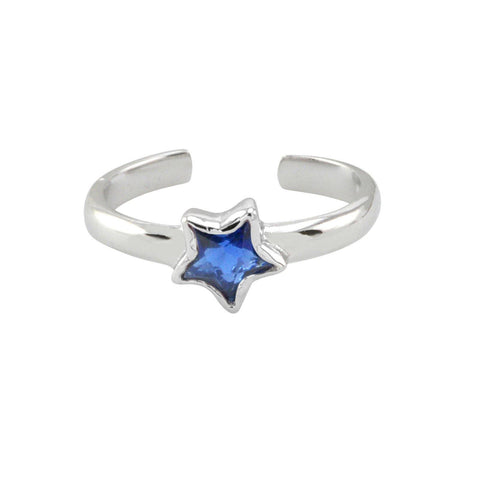 Sterling Silver Toe Ring Blue Sapphire CZ Star Adjustable - Jewelryland.com