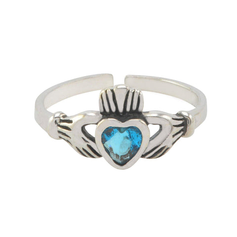 Sterling Silver Irish Claddagh Toe Ring Blue Topaz CZ Adjustable - Jewelryland.com