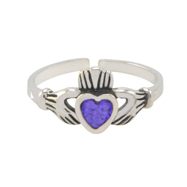 Sterling Silver Irish Claddagh Toe Ring Amethyst CZ Adjustable - Jewelryland.com
