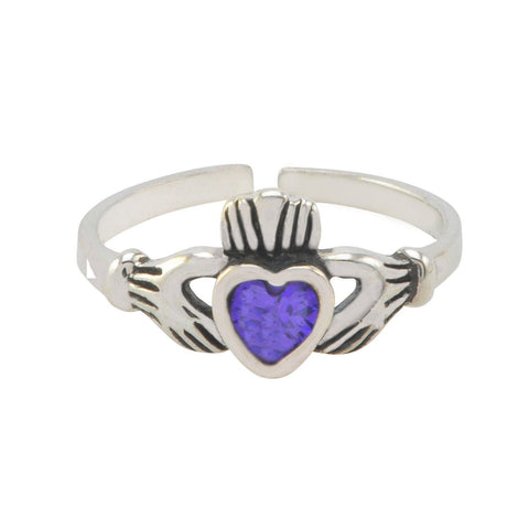 Sterling Silver Irish Claddagh Toe Ring Amethyst CZ Adjustable - Jewelryland.com
