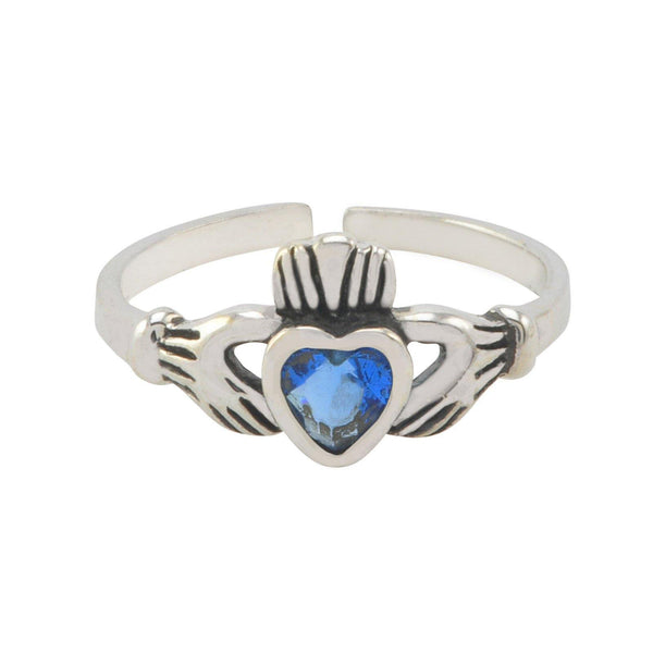 Sterling Silver Irish Claddagh Toe Ring Blue Sapphire CZ Adjustable - Jewelryland.com