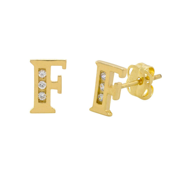 10k Yellow Gold Letter F Initial Stud Earrings Cubic Zirconia 7mm - Jewelryland.com