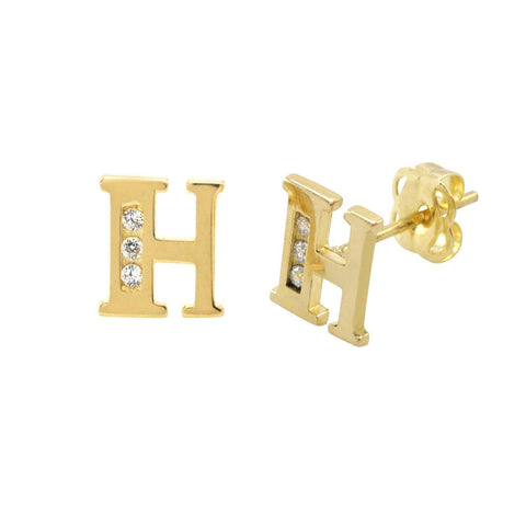 10k Yellow Gold Letter H Initial Stud Earrings Cubic Zirconia 7mm - Jewelryland.com