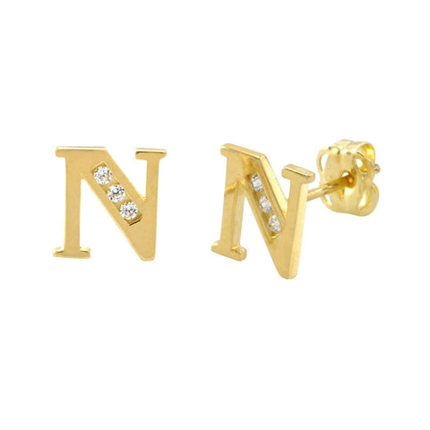 10k Yellow Gold Letter N Initial Stud Earrings Cubic Zirconia 7mm - Jewelryland.com