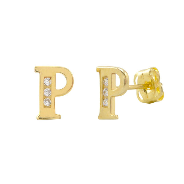 10k Yellow Gold Letter P Initial Stud Earrings Cubic Zirconia 7mm - Jewelryland.com