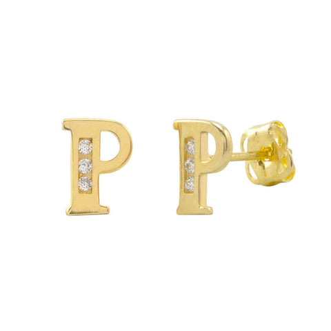 10k Yellow Gold Letter P Initial Stud Earrings Cubic Zirconia 7mm - Jewelryland.com