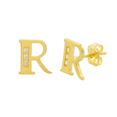 10k Yellow Gold Letter R Initial Stud Earrings Cubic Zirconia 7mm - Jewelryland.com