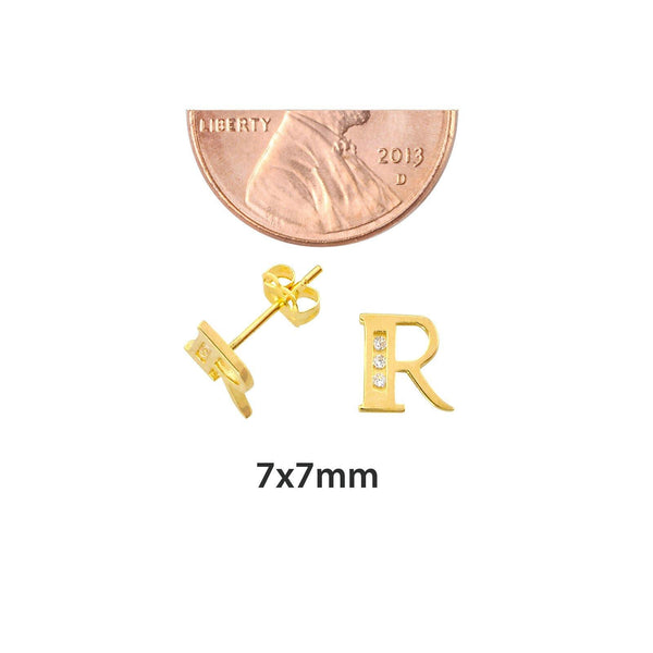 10k Yellow Gold Letter R Initial Stud Earrings Cubic Zirconia 7mm - Jewelryland.com