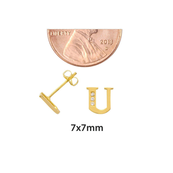 10k Yellow Gold Initial Stud Earrings Letter U Cubic Zirconia 7mm - Jewelryland.com