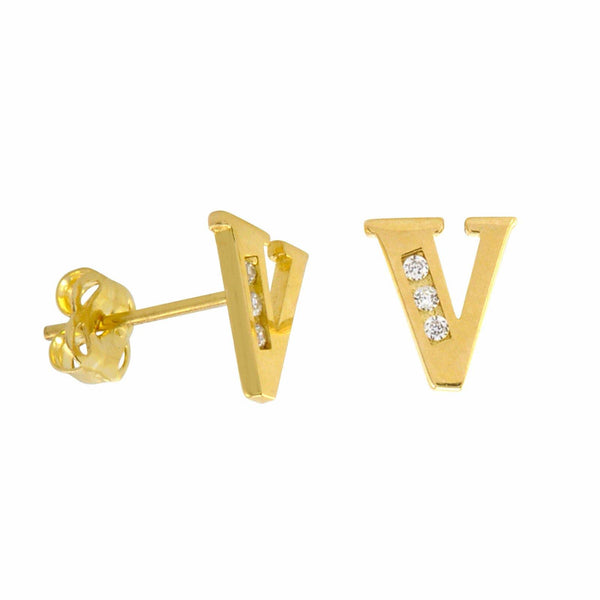 10k Yellow Gold Initial Stud Earrings Letter V Cubic Zirconia 7mm - Jewelryland.com