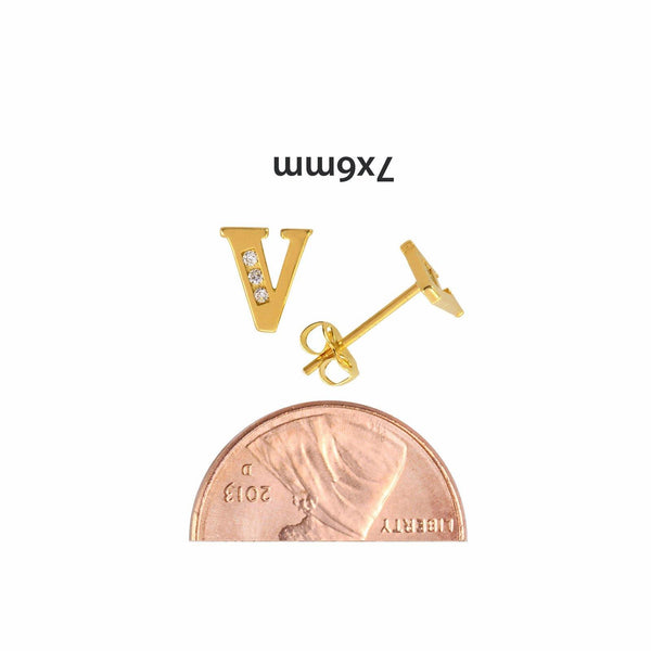 10k Yellow Gold Initial Stud Earrings Letter V Cubic Zirconia 7mm - Jewelryland.com