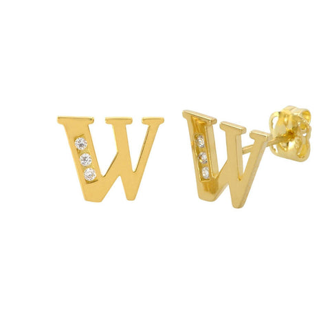 10k Yellow Gold Initial Stud Earrings Letter W Cubic Zirconia 7mm - Jewelryland.com
