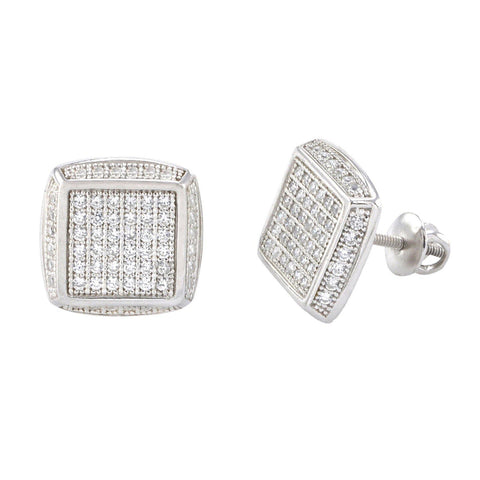 Mens Stud Earrings 925 Sterling Silver Clear CZ Screwback Square 12mm - Jewelryland.com