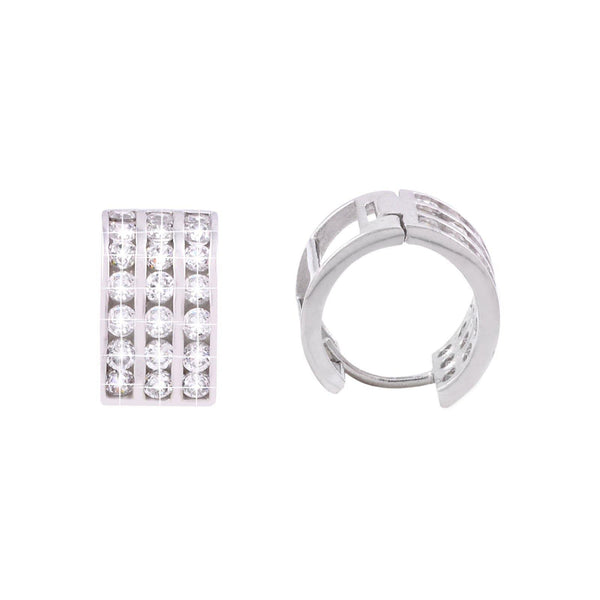 Sterling Silver Clear CZ Huggie Earrings Hinged Hoops 3 Row Zirconia 13mm x 8mm - Jewelryland.com