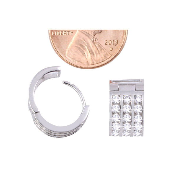 Sterling Silver Clear CZ Huggie Earrings Hinged Hoops 3 Row Zirconia 13mm x 8mm - Jewelryland.com