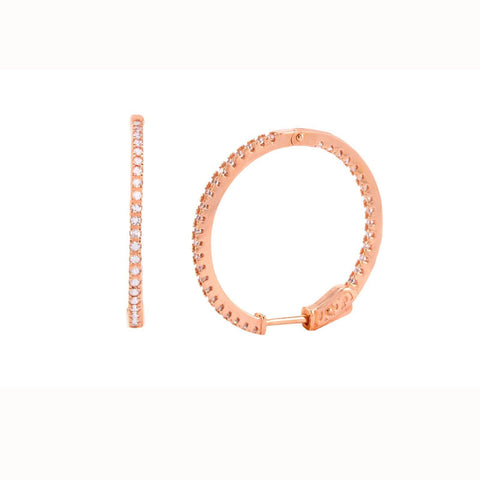 Sterling Silver Hoop Earrings CZ Rose Gold Plated 29mm Push Latch Lock - Jewelryland.com