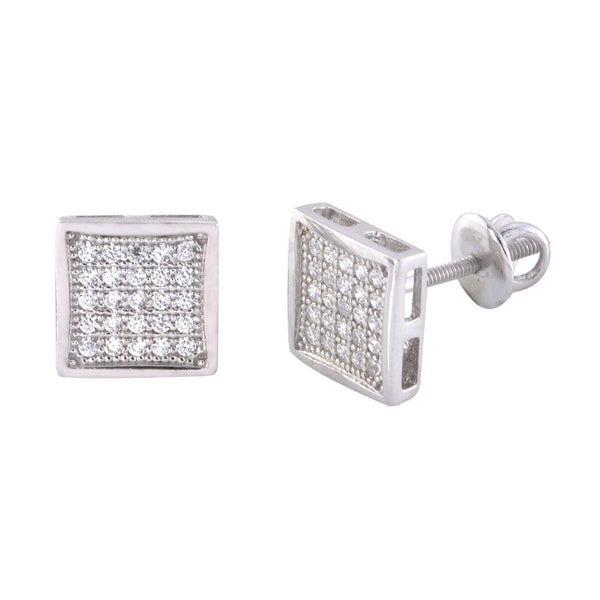 Sterling Silver Stud Screwback Earrings White CZ 8mm Square Framed - Jewelryland.com