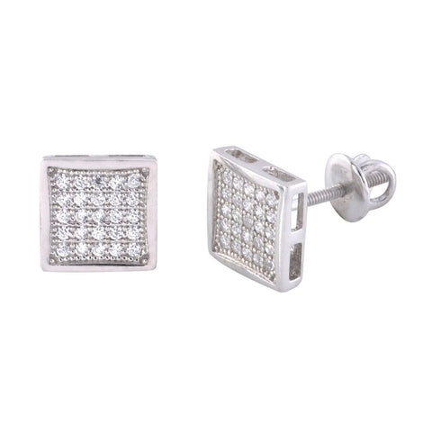 Sterling Silver Stud Screwback Earrings White CZ 8mm Square Framed - Jewelryland.com