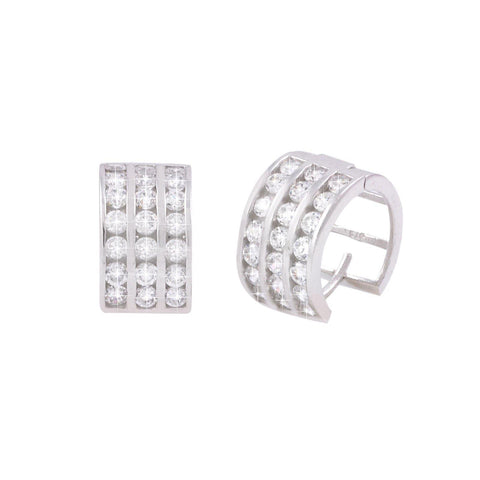 925 Sterling Silver Huggie Earrings Cubic Zirconia 3 Row 12mm x 7mm Small - Jewelryland.com