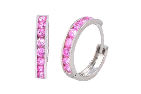 Pink CZ Huggie Earrings Sterling Silver Hinged Hoops Cubic Zirconia 17mm - Jewelryland.com