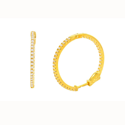 Hoop Earrings Cubic Zirconia CZ Yellow Gold Plated 29mm Push Latch Lock - Jewelryland.com