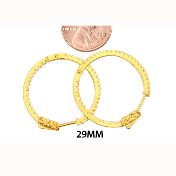 Hoop Earrings Cubic Zirconia CZ Yellow Gold Plated 29mm Push Latch Lock - Jewelryland.com