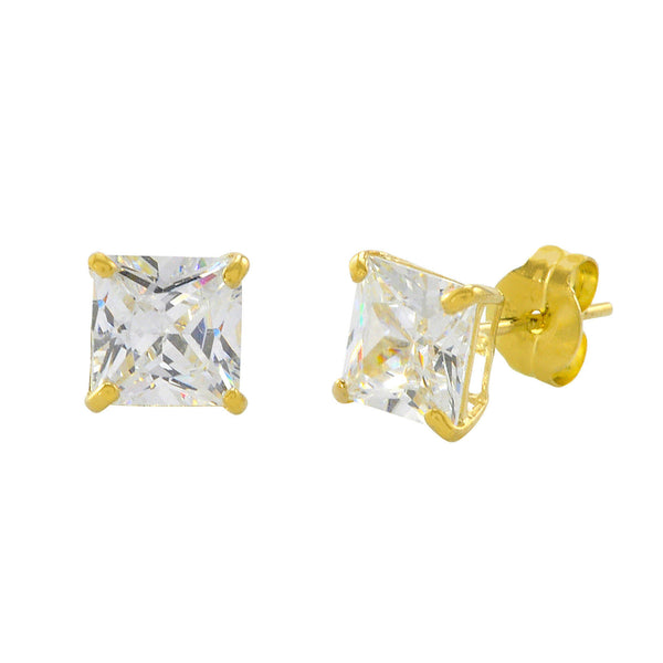 10k Yellow Gold Square Stud Earrings Clear CZ Cubic Zirconia Princess Cut Basket - Jewelryland.com
