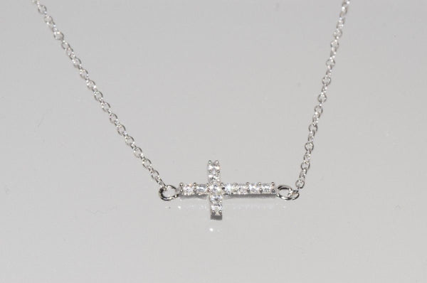 Sideway Cross Necklace 925 Sterling Silver Cubic Zirconia, 16.5" - Jewelryland.com