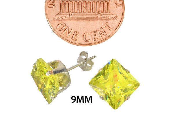 Square Peridot Cubic Zirconia Stud Earrings August Birthstone .925 Silver Prong - Jewelryland.com