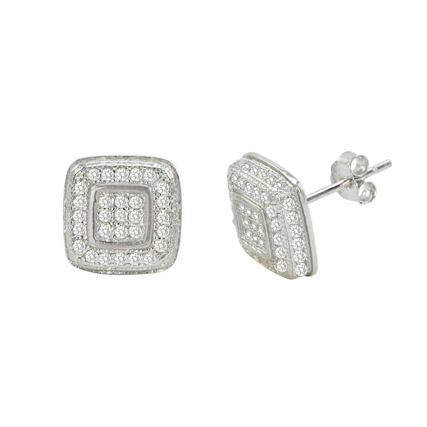 Sterling Silver Micropave Stud Earrings Square with Frame CZ Cubic Zirconia 10mm - Jewelryland.com
