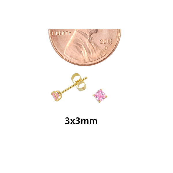 10k Yellow Gold Square Pink CZ Stud Earrings Cubic Zirconia Basket Set - Jewelryland.com