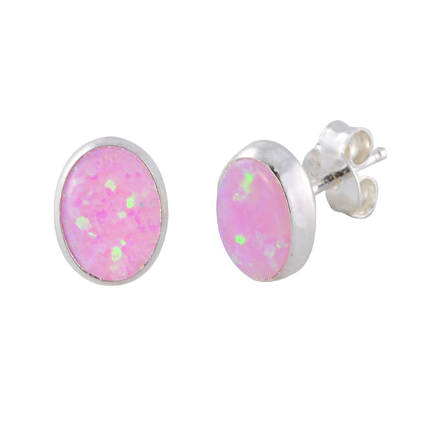 Pink Opal Gemstone Stud Earrings Sterling Silver 7mm x 9mm Oval - Jewelryland.com