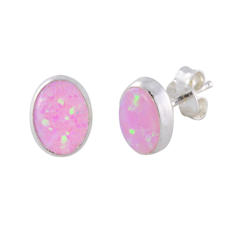 Pink Opal Gemstone Stud Earrings Sterling Silver 7mm x 9mm Oval - Jewelryland.com