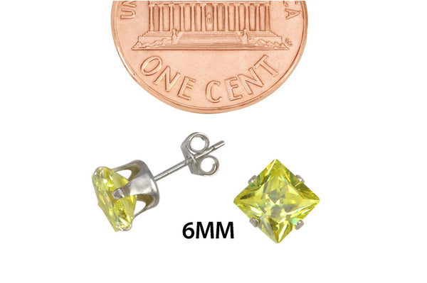 Square Peridot Cubic Zirconia Stud Earrings August Birthstone .925 Silver Prong - Jewelryland.com