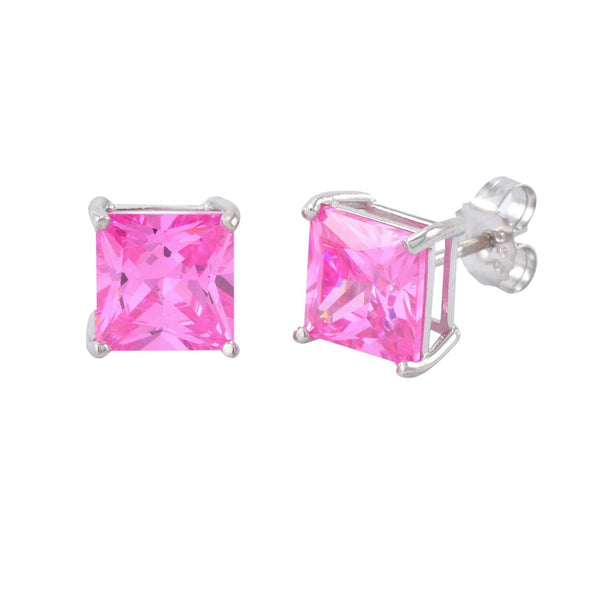 Square Pink CZ October Birthstone Stud Earrings .925 Sterling Silver Basket Set - Jewelryland.com