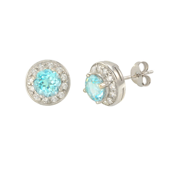 Blue Topaz Gemstone Stud Earrings 925 Sterling Silver Round Gem CZ Accent - Jewelryland.com