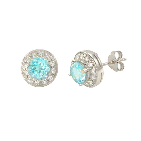 Blue Topaz Gemstone Stud Earrings 925 Sterling Silver Round Gem CZ Accent - Jewelryland.com