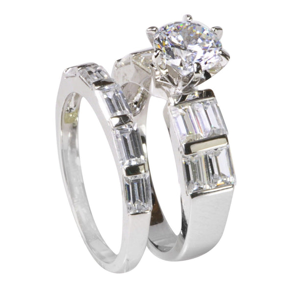 Sterling Silver 7mm Cubic Zirconia Round CZ Engagement Ring & 3mm Band Rhodium - Jewelryland.com