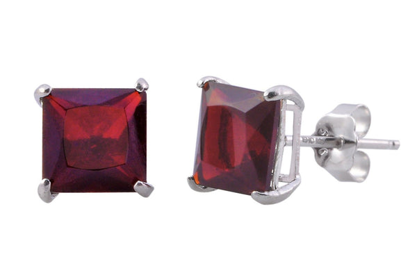 January Birthstone Studs Garnet CZ Earrings Sterling Silver Square Basket Set - Jewelryland.com