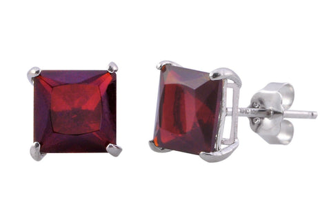 January Birthstone Studs Garnet CZ Earrings Sterling Silver Square Basket Set - Jewelryland.com
