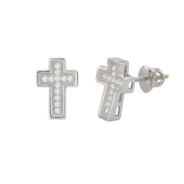 Cross Screwback Earrings Sterling Silver Pave CZ Cubic Zirconia 11mm - Jewelryland.com