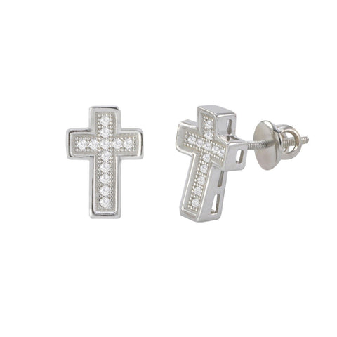 Cross Screwback Earrings Sterling Silver Pave CZ Cubic Zirconia 11mm - Jewelryland.com