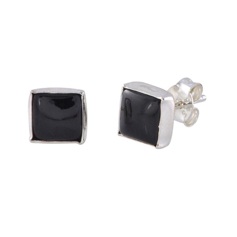 Gemstone Earrings Black Onyx 7mm Square Sterling Silver Handmade in USA - Jewelryland.com