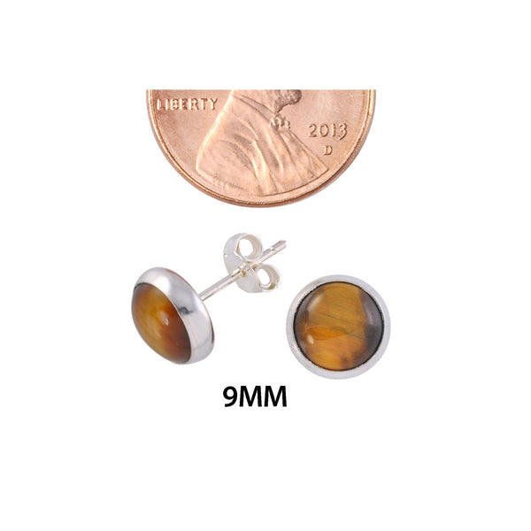 Sterling Silver Tiger's Eye Gemstone Earrings 9mm Round Studs - Jewelryland.com